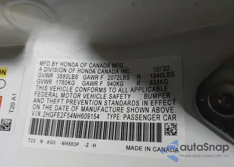 2022 Honda Civic Sport из США, поврежденный, VIN 2HGFE2F54NH609154